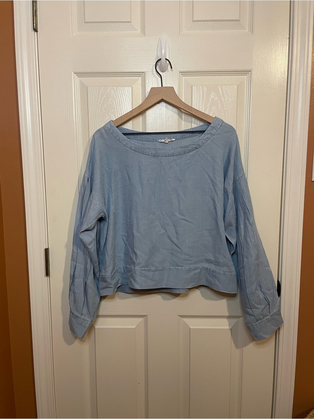 Buru Denim Chambray Boatneck Peasant Long Sleeve Top Size Medium